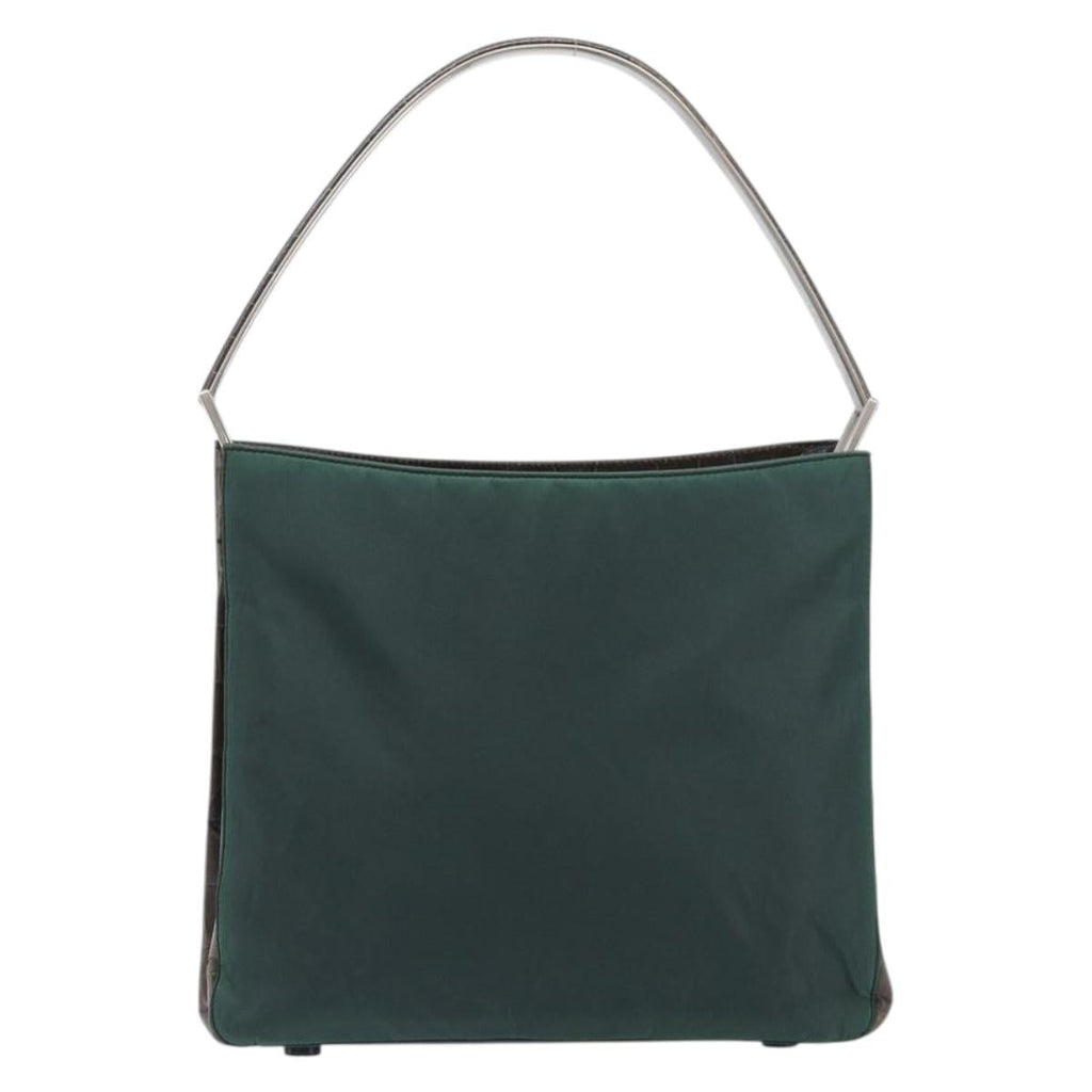 PRADA Metal Handle Shoulder Bag Nylon Green Silver Auth 209835A