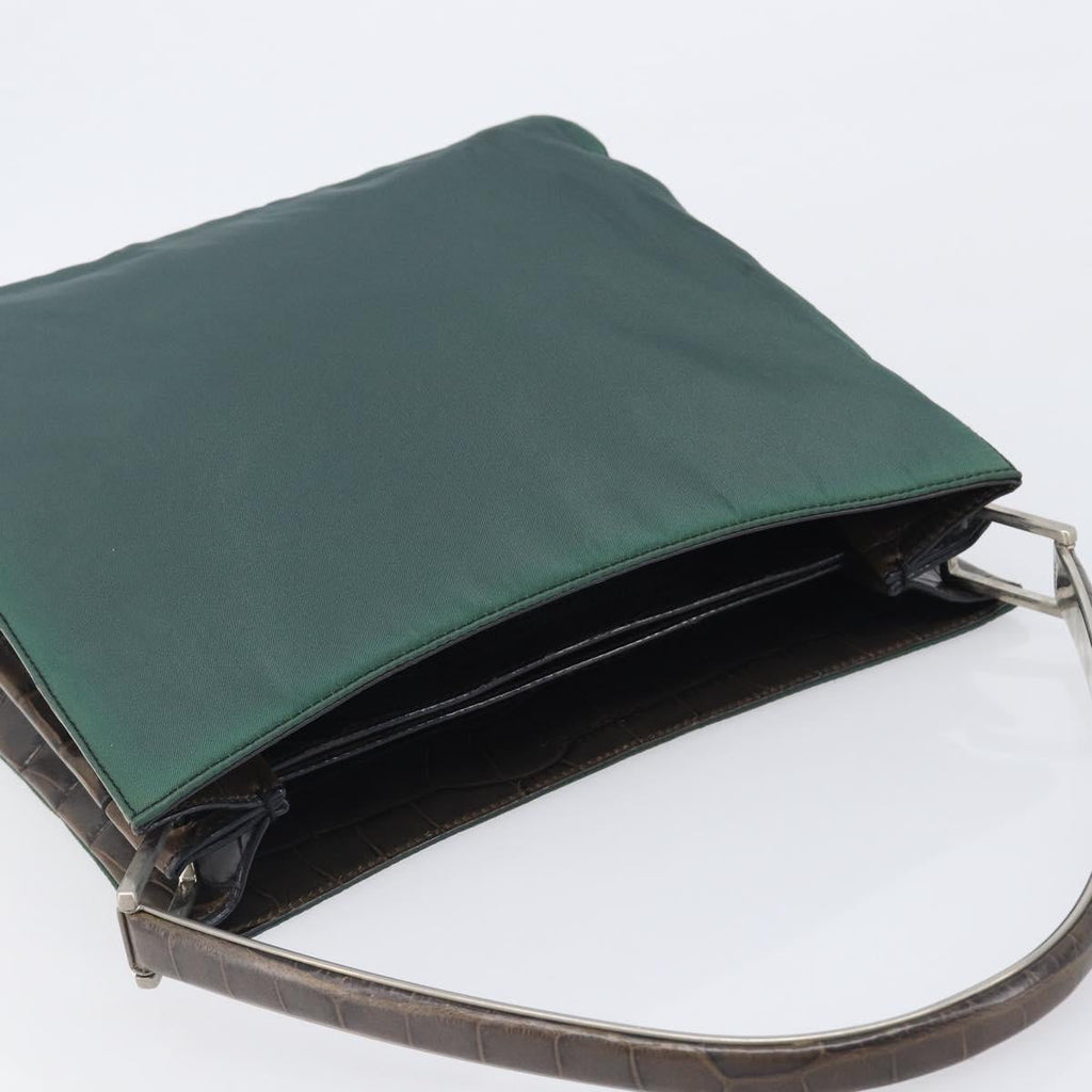 PRADA Metal Handle Shoulder Bag Nylon Green Silver Auth 209835A