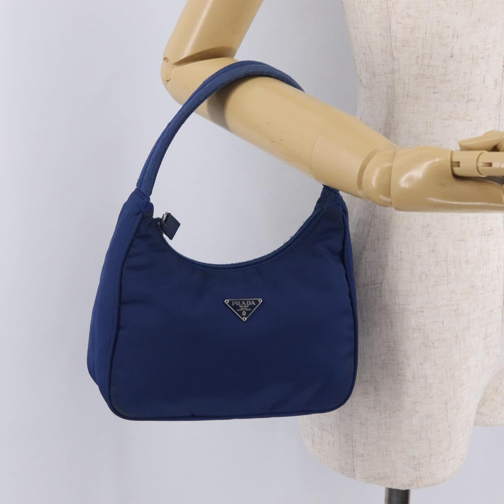 PRADA Hand Pouch Hand Bag Nylon Blue Silver Auth 210051A