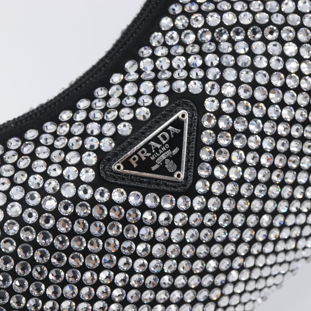 PRADA Hand Pouch Satin Black Silver Auth 210197SAM