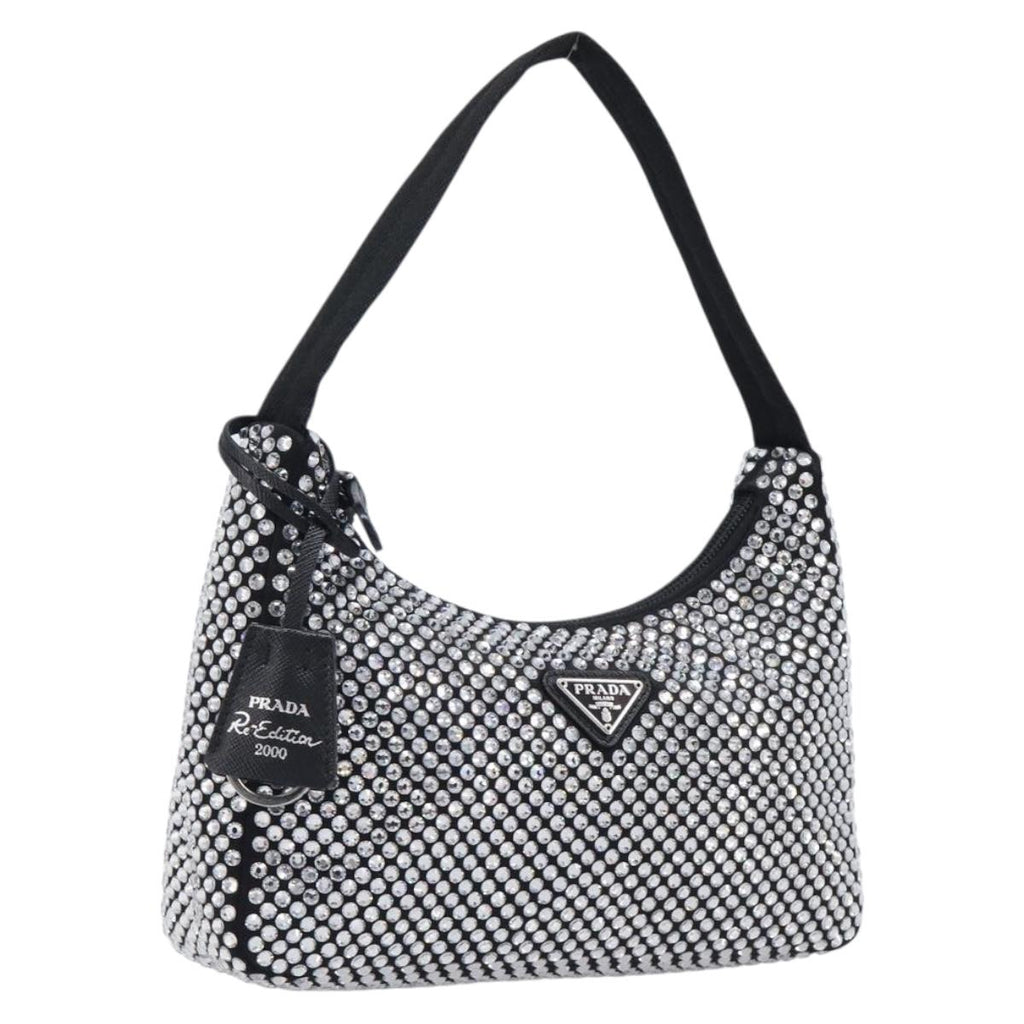 PRADA Hand Pouch Satin Black Silver Auth 210197SAM