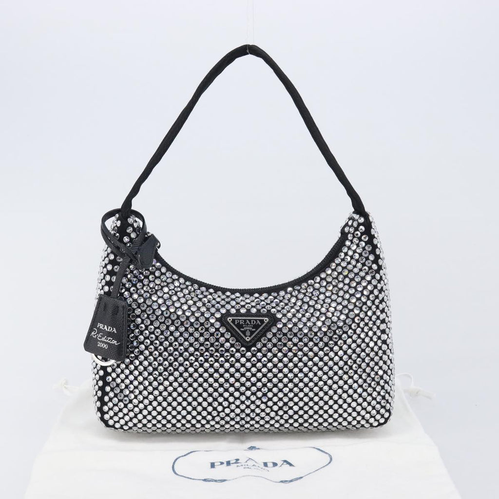 PRADA Hand Pouch Satin Black Silver Auth 210197SAM