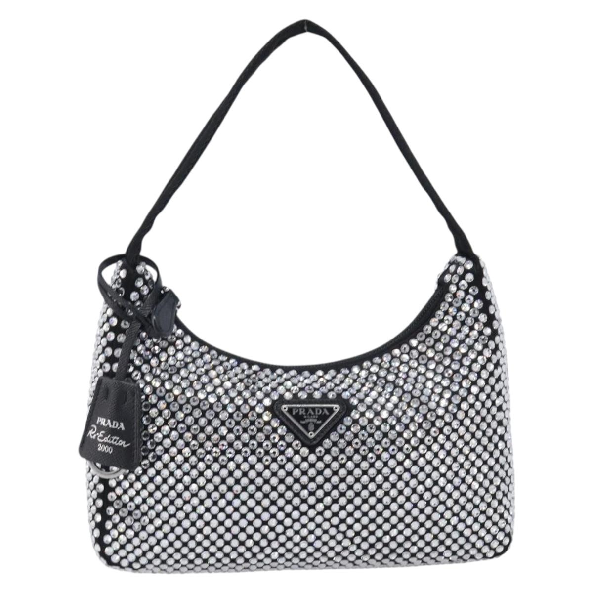 PRADA Hand Pouch Satin Black Silver Auth 210197SAM