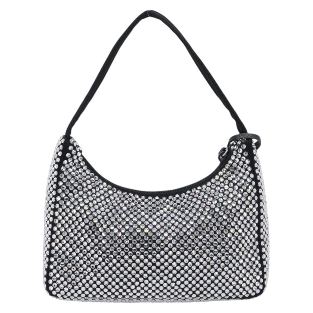 PRADA Hand Pouch Satin Black Silver Auth 210197SAM