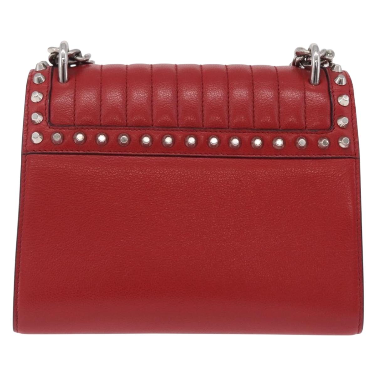 PRADA Chain Shoulder Bag Leather Red Silver Auth 210281V