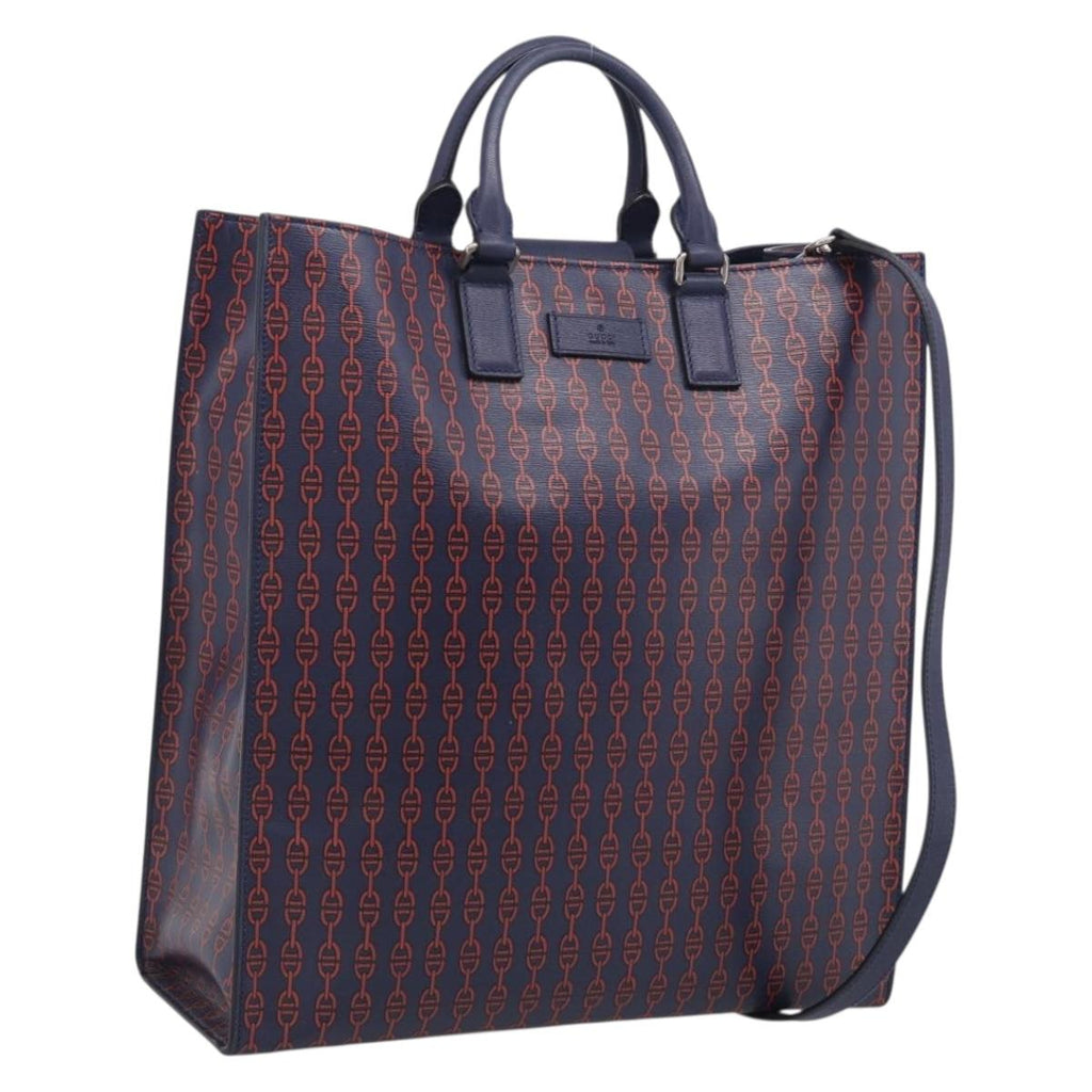 GUCCI Hand Bag Leather 2way Navy Silver Auth 210600M