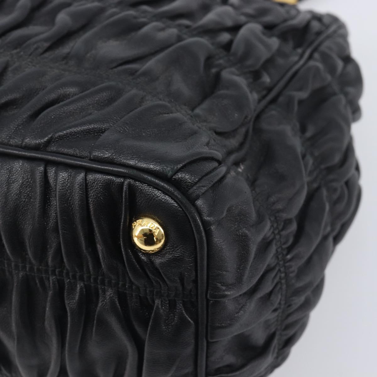 PRADA Gathered Hand Bag Leather Black Gold Auth 210740V
