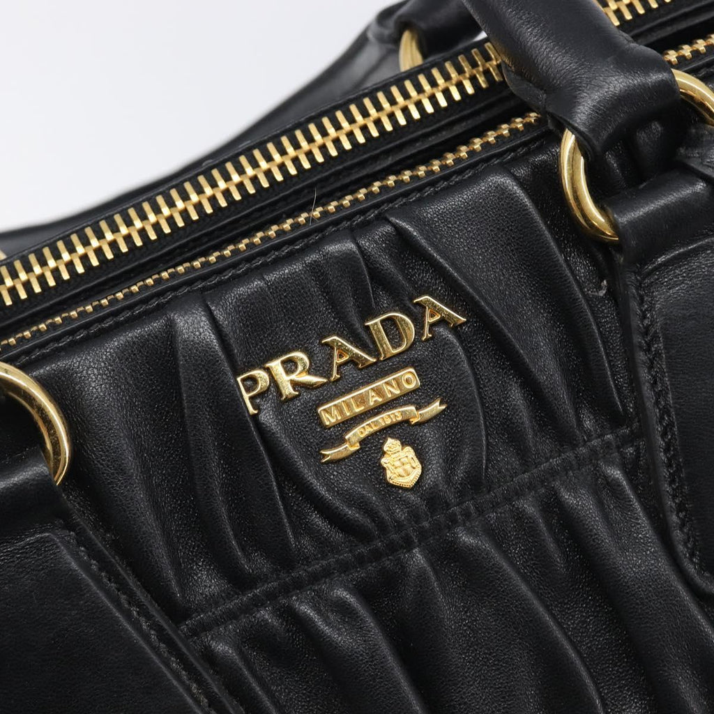 PRADA Gathered Hand Bag Leather Black Gold Auth 210740V