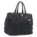 PRADA Gathered Hand Bag Leather Black Gold Auth 210740V