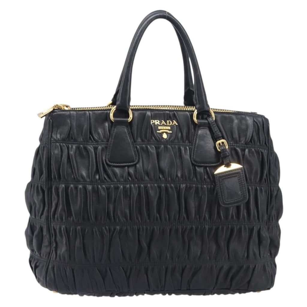 PRADA Gathered Hand Bag Leather Black Gold Auth 210740V