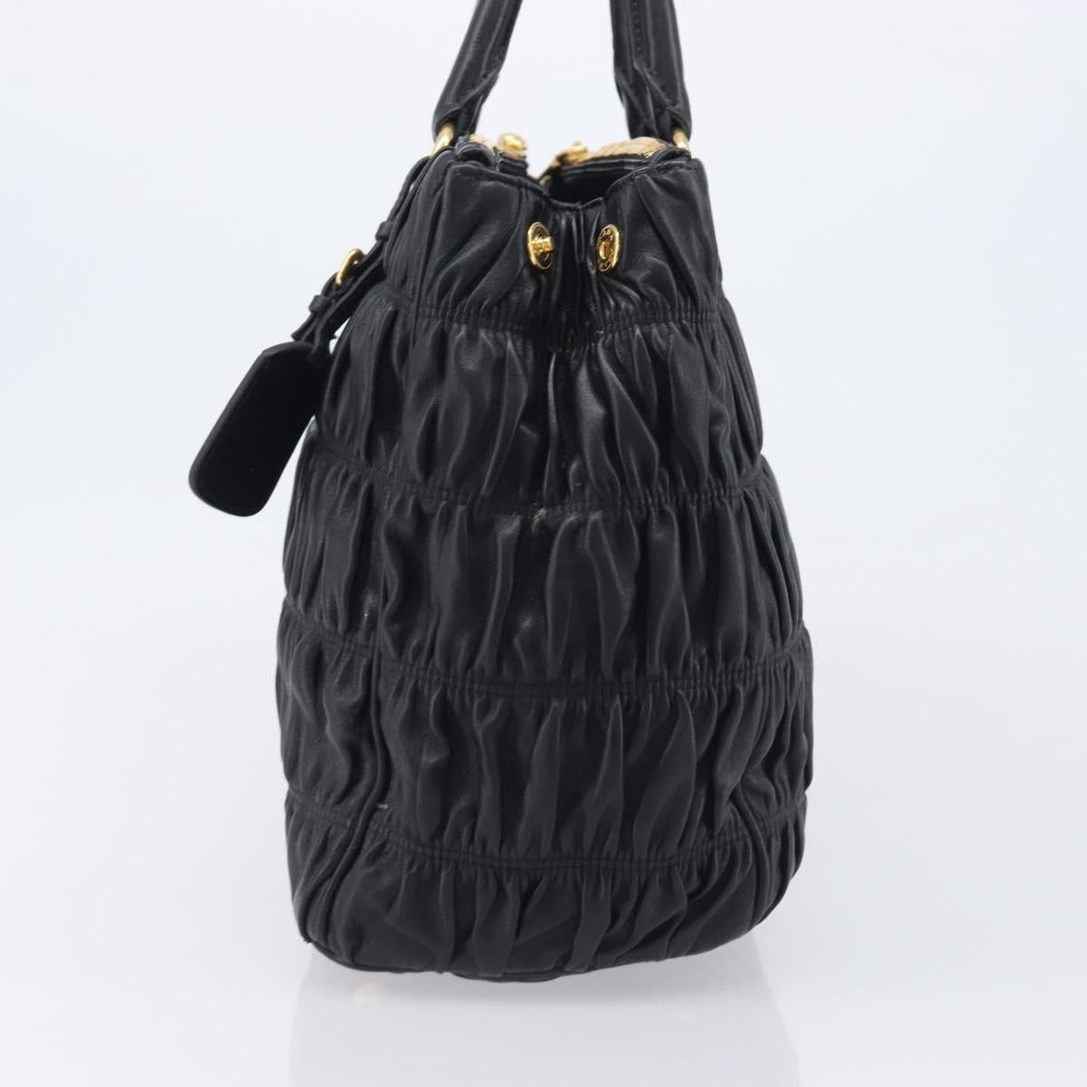 PRADA Gathered Hand Bag Leather Black Gold Auth 210740V
