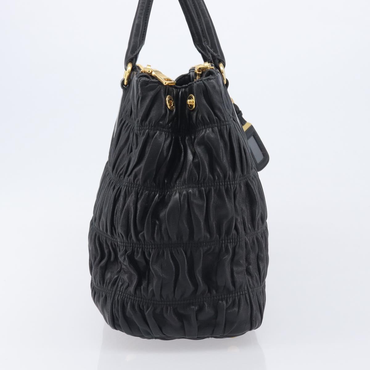 PRADA Gathered Hand Bag Leather Black Gold Auth 210740V
