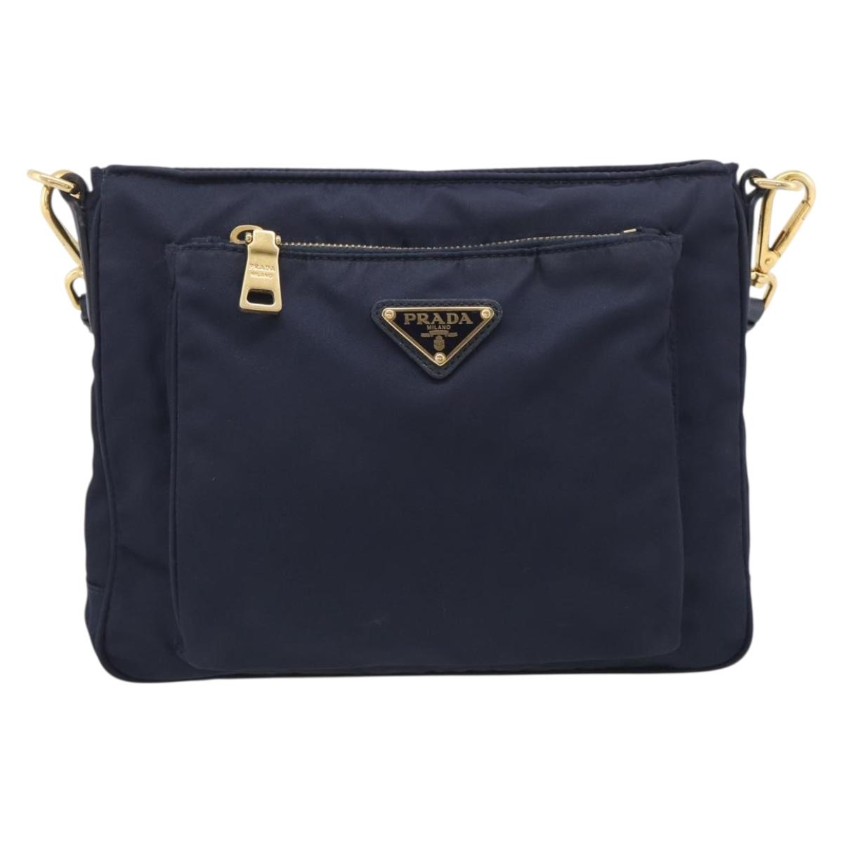 PRADA Shoulder Bag Nylon Navy Gold Auth 213147A