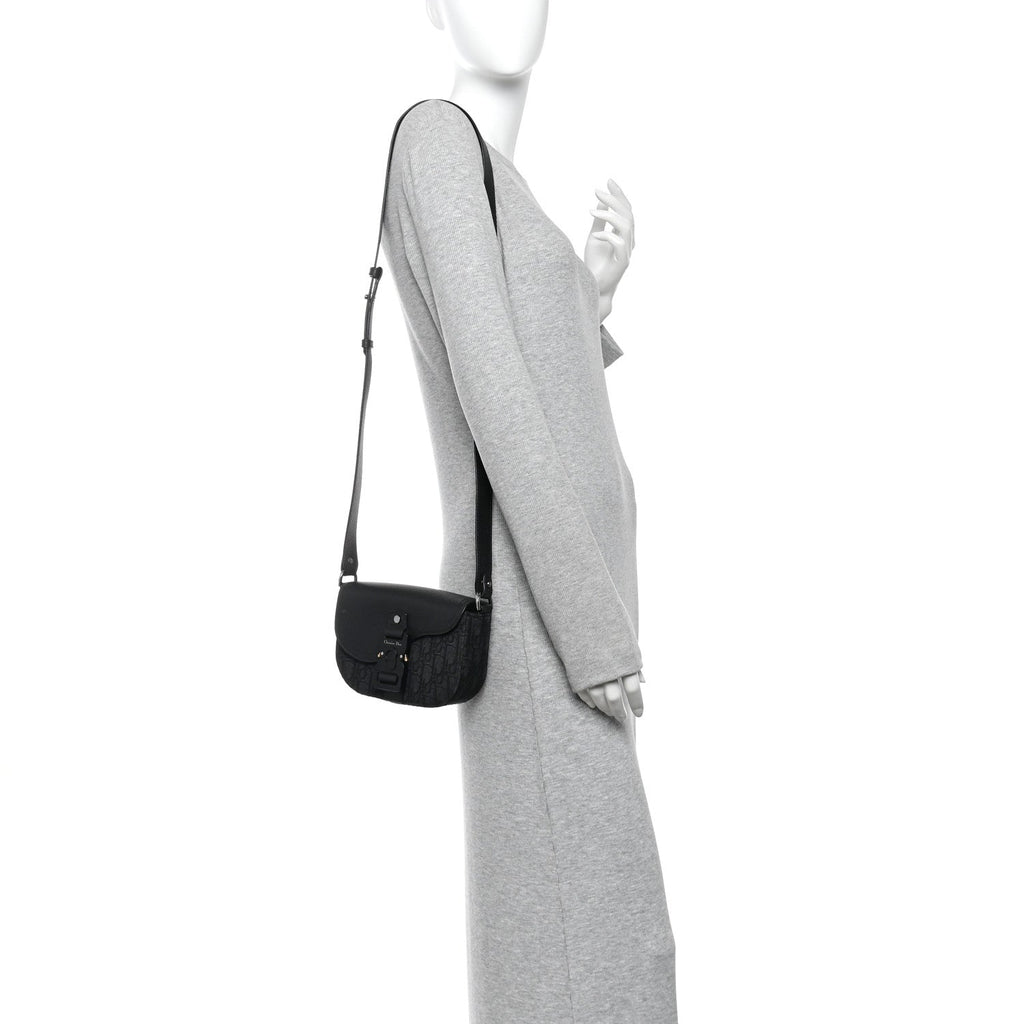 Oblique Jacquard Grained Calfskin Mini Saddle Messenger Bag With Flap Black