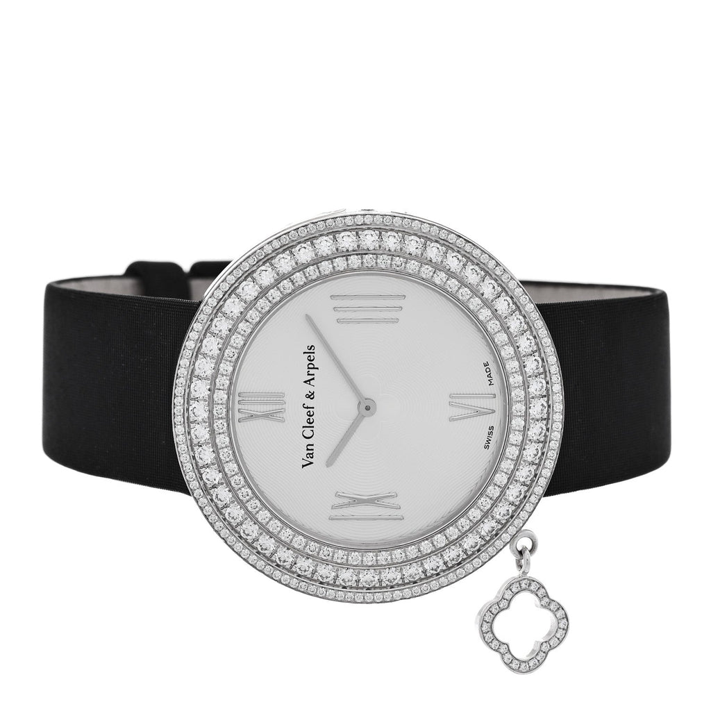 18K White Gold Satin Diamond Pave Bezel 38mm Charms Quartz Watch