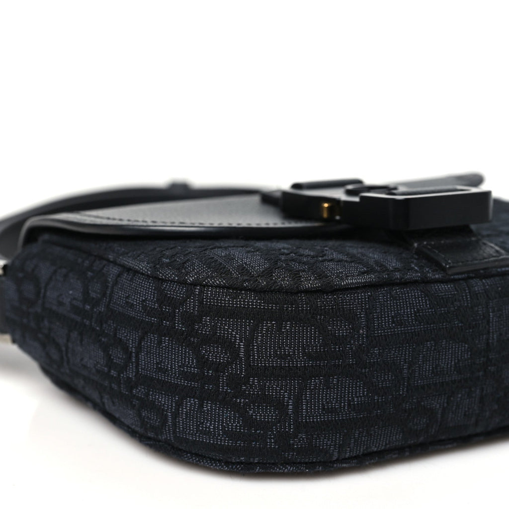 Oblique Jacquard Grained Calfskin Mini Saddle Messenger Bag With Flap Black