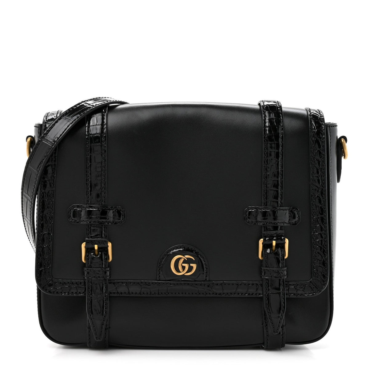 Calfskin Crocodile GG Double Buckle Medium Messenger Bag Black