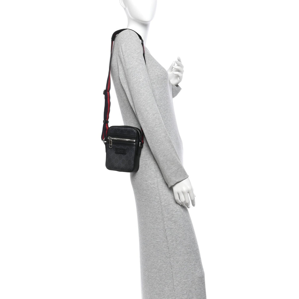 GG Supreme Monogram Appia Calfskin Web Small Camera Messenger Bag Black Grey