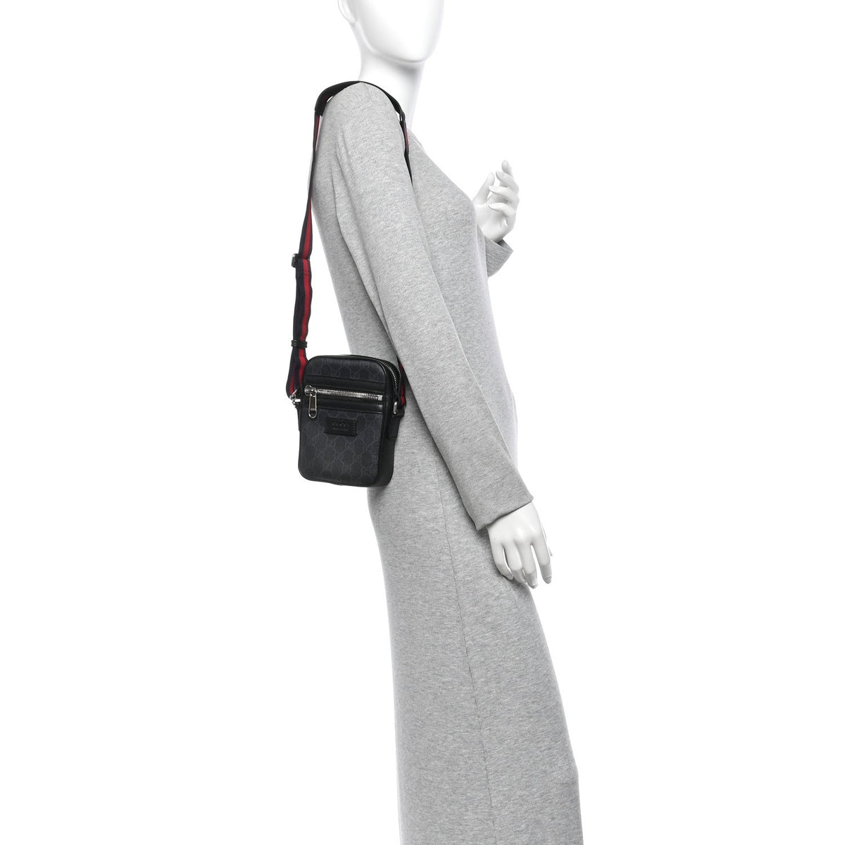 GG Supreme Monogram Appia Calfskin Web Small Camera Messenger Bag Black Grey