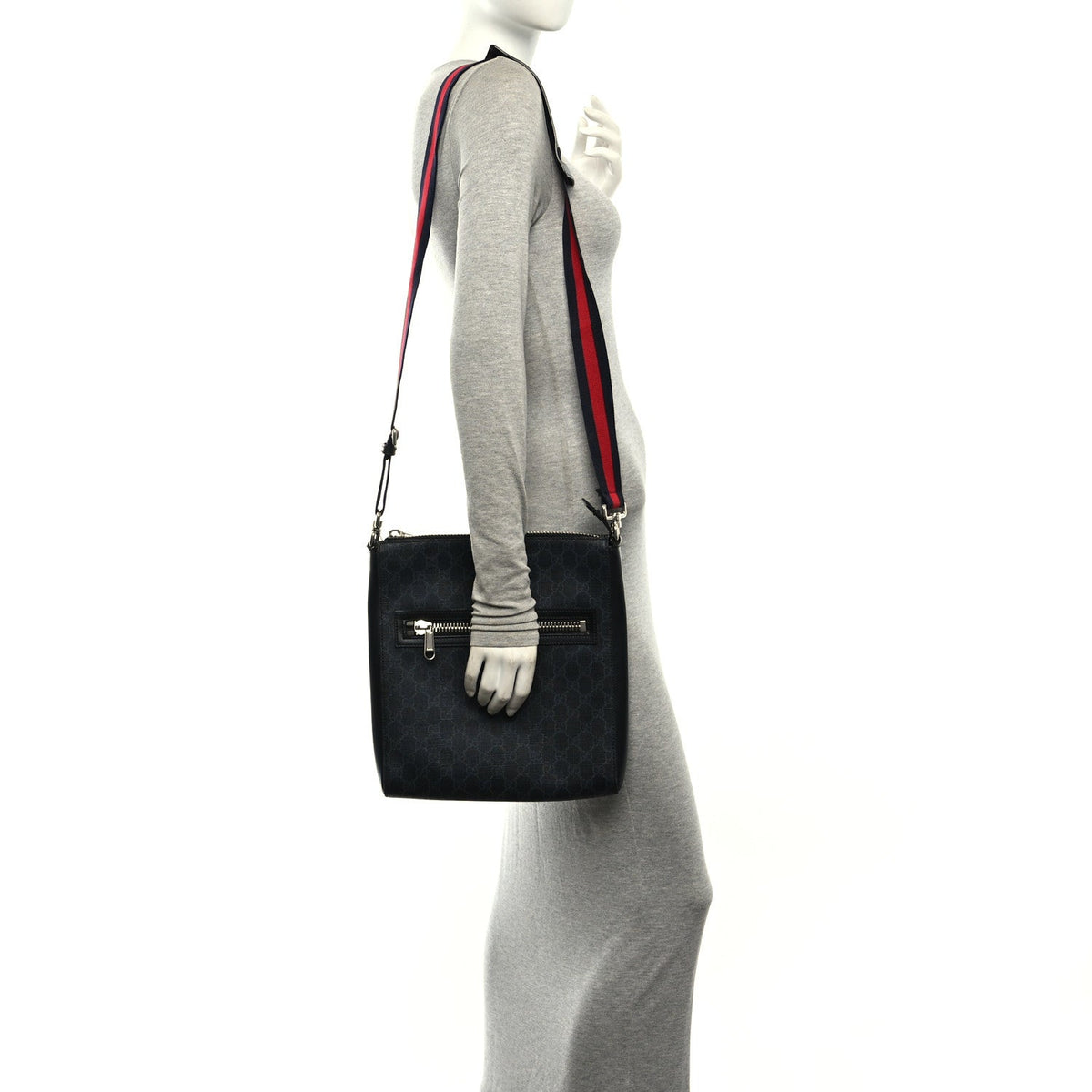 GG Supreme Monogram Appia Calfskin Web Flat Messenger Bag Black Grey