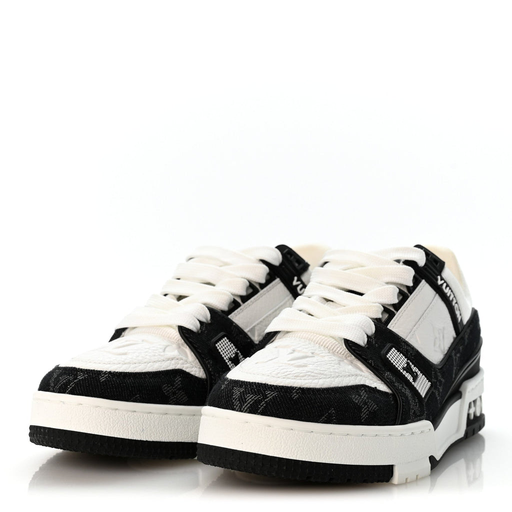 Calfskin Embossed Monogram Denim Womens LV Trainer Sneakers 35 Black