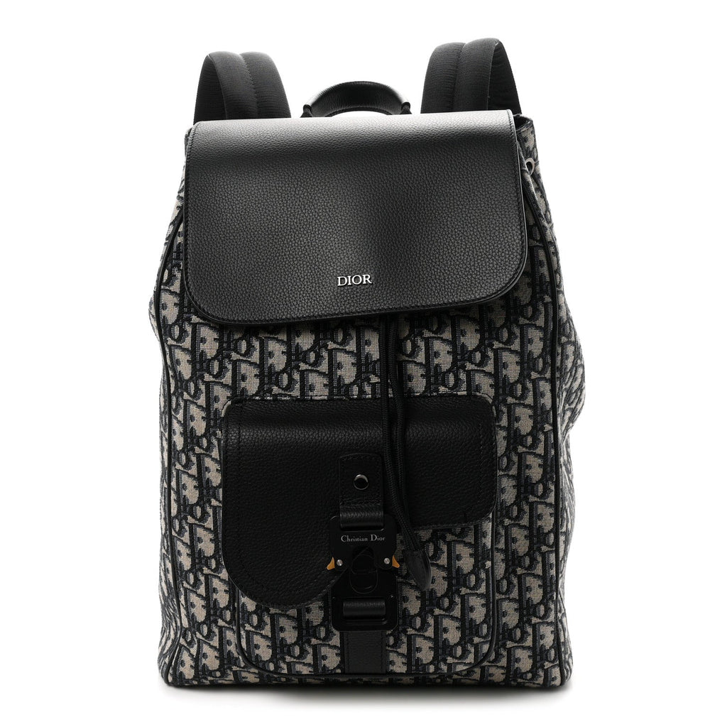 Oblique Jacquard Grained Calfskin Drawstring Saddle Backpack Beige Black