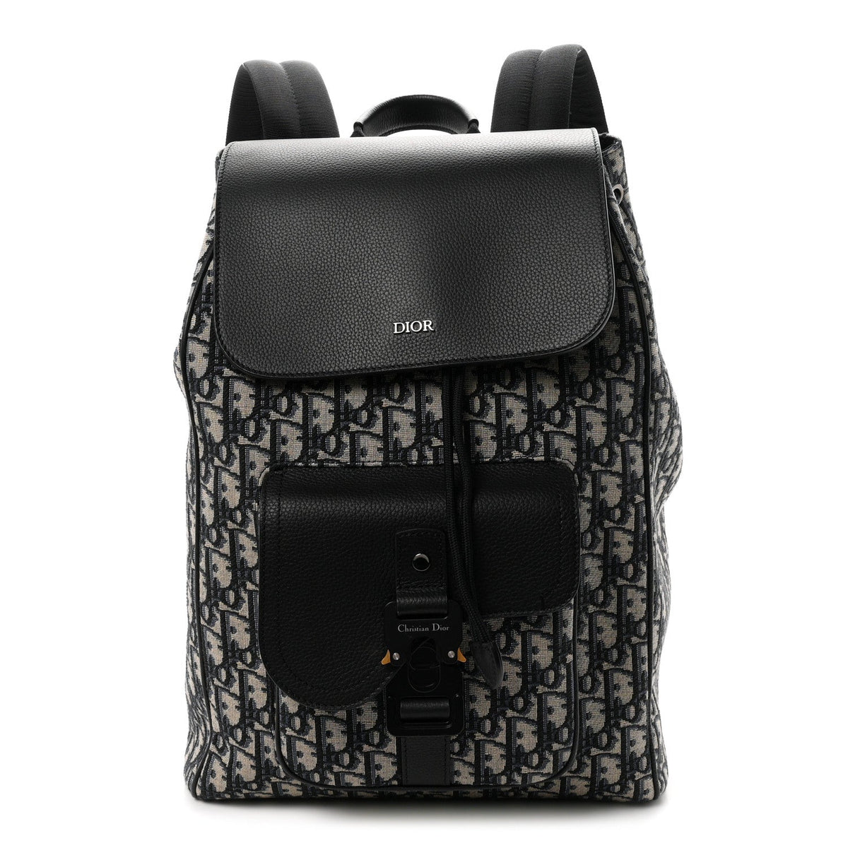 Oblique Jacquard Grained Calfskin Drawstring Saddle Backpack Beige Black