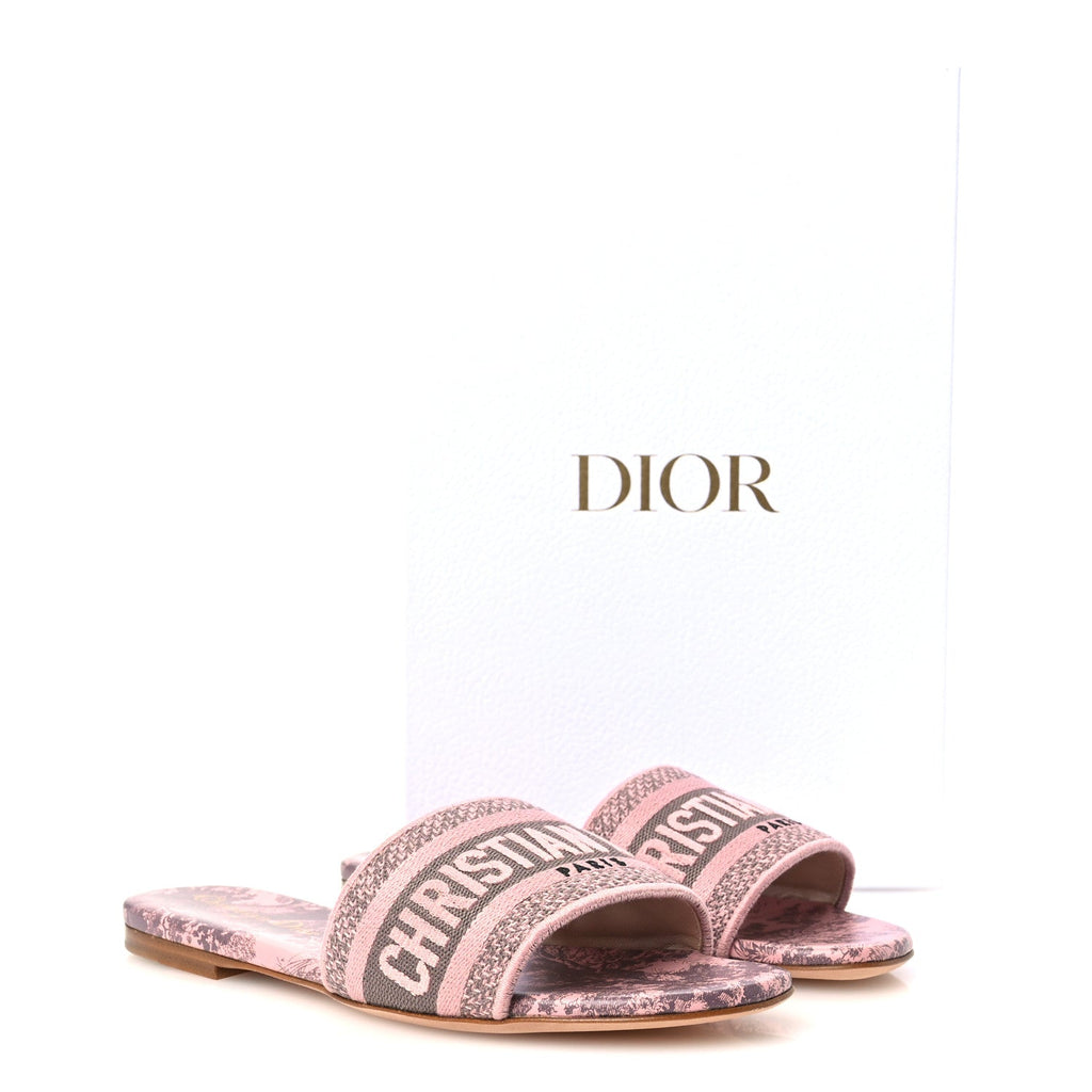 Canvas Toile De Jouy Embroidered Dway Flat Slide Sandals 36 Chateau Rose