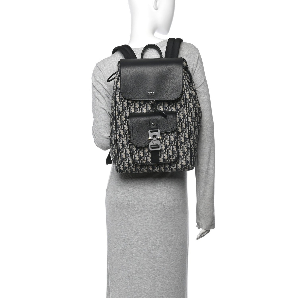 Oblique Jacquard Grained Calfskin Drawstring Saddle Backpack Beige Black