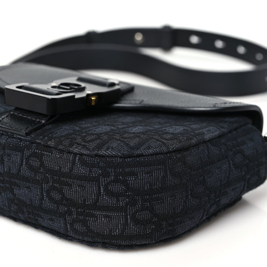 Oblique Jacquard Grained Calfskin Mini Saddle Messenger Bag With Flap Black