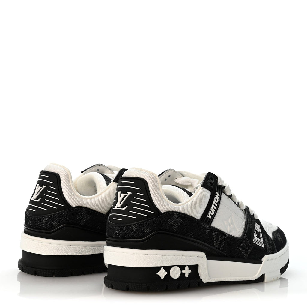 Calfskin Embossed Monogram Denim Womens LV Trainer Sneakers 35 Black