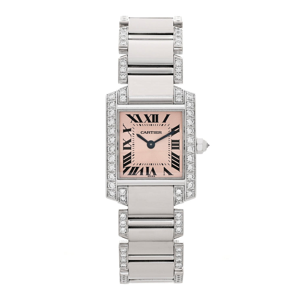 18K White Gold Diamond Bezel 20mm Tank Francaise Quartz Watch Pink