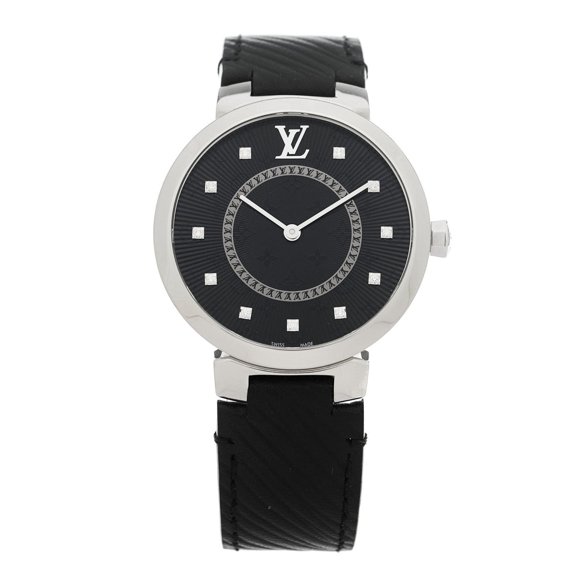 Stainless Steel Epi Diamond 33mm Tambour Slim Quartz Watch Black