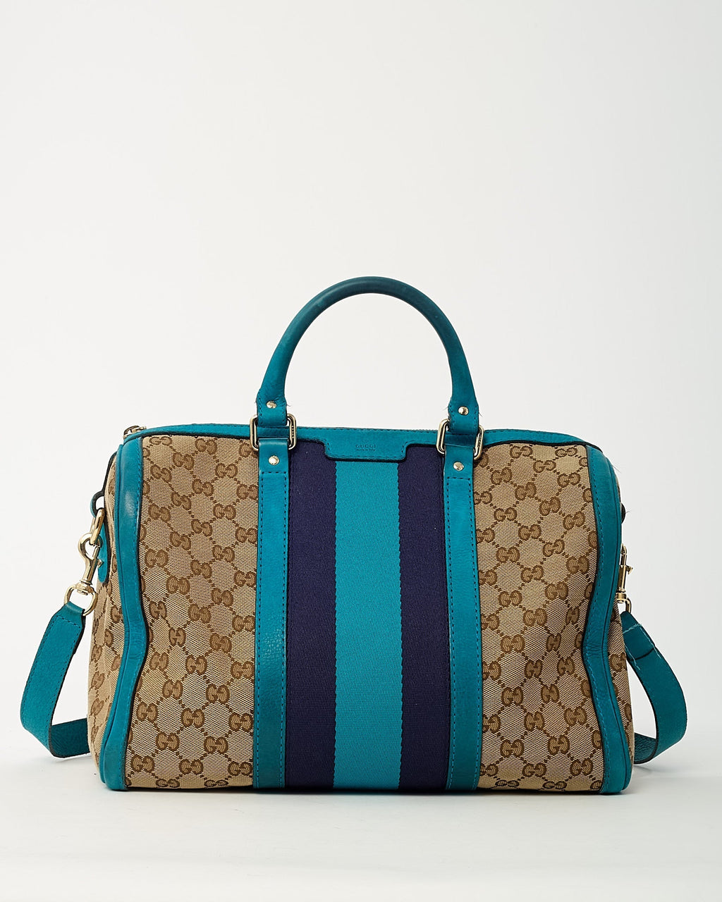 Gucci Blue Leather and Beige GG Monogram Canvas Blue Web Joy Boston Bag with Strap