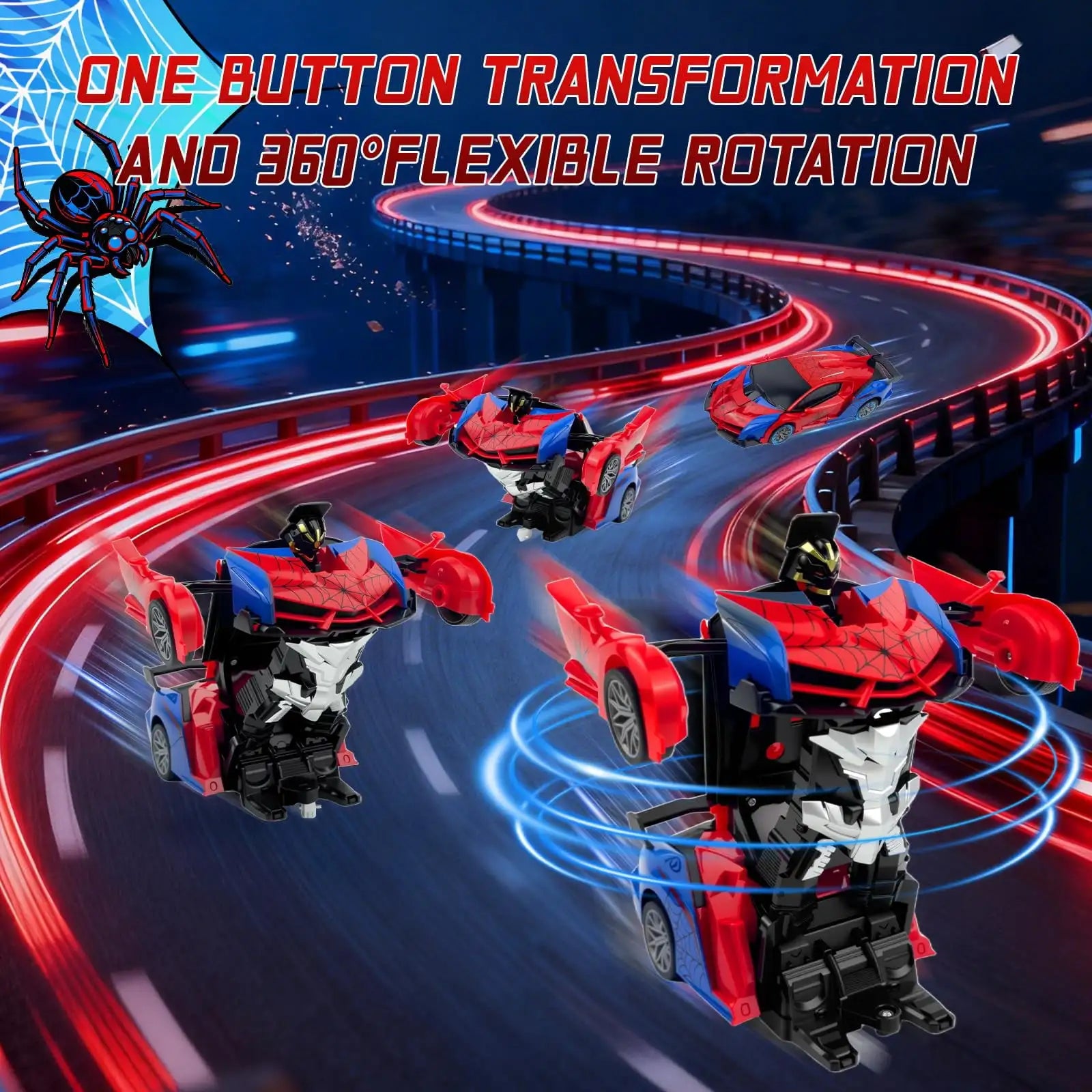 1:18 RC Transforming Spider Car Robot Toy, 2.4GHz Remote Control Stunt Vehicle with 360° Rotation for Boys Kids Ages 3-12 Gifts