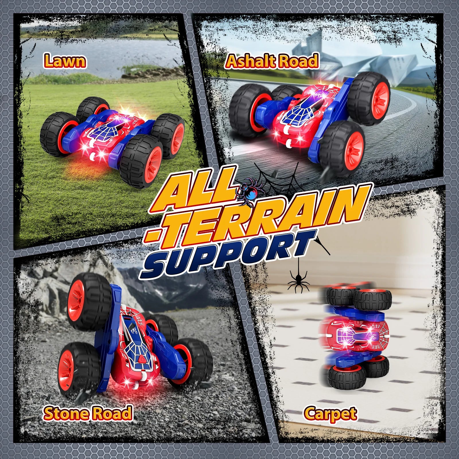 Remote Control Car with Lights, Type-C Fast Charging, 2.4GHz Double Sided Flips RC Cars, 360° Rotates RC Stunt Car Toys for Kids