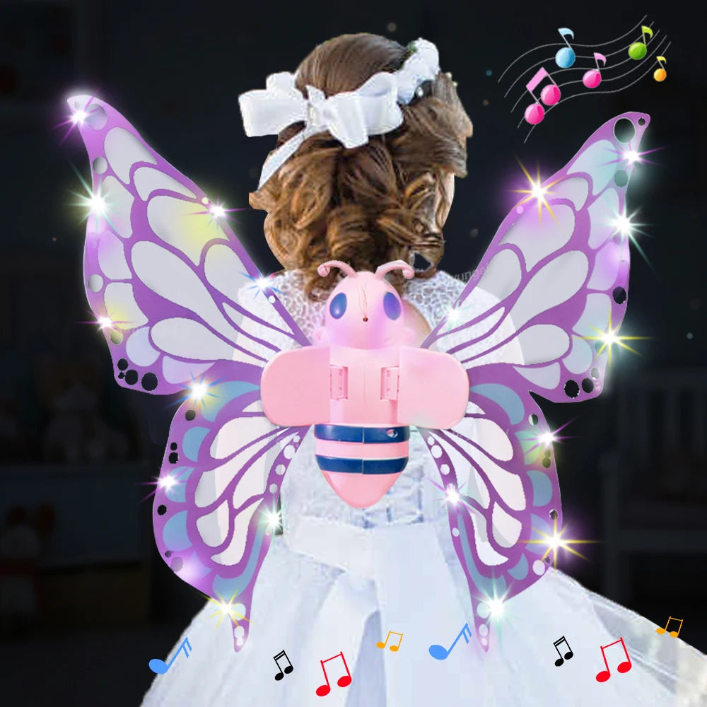 Electric Butterfly Wings with LED Light Music Flashing Flapping Fairy Toy for Kids Gift Cosplay Dress Up Angel Girls Toy