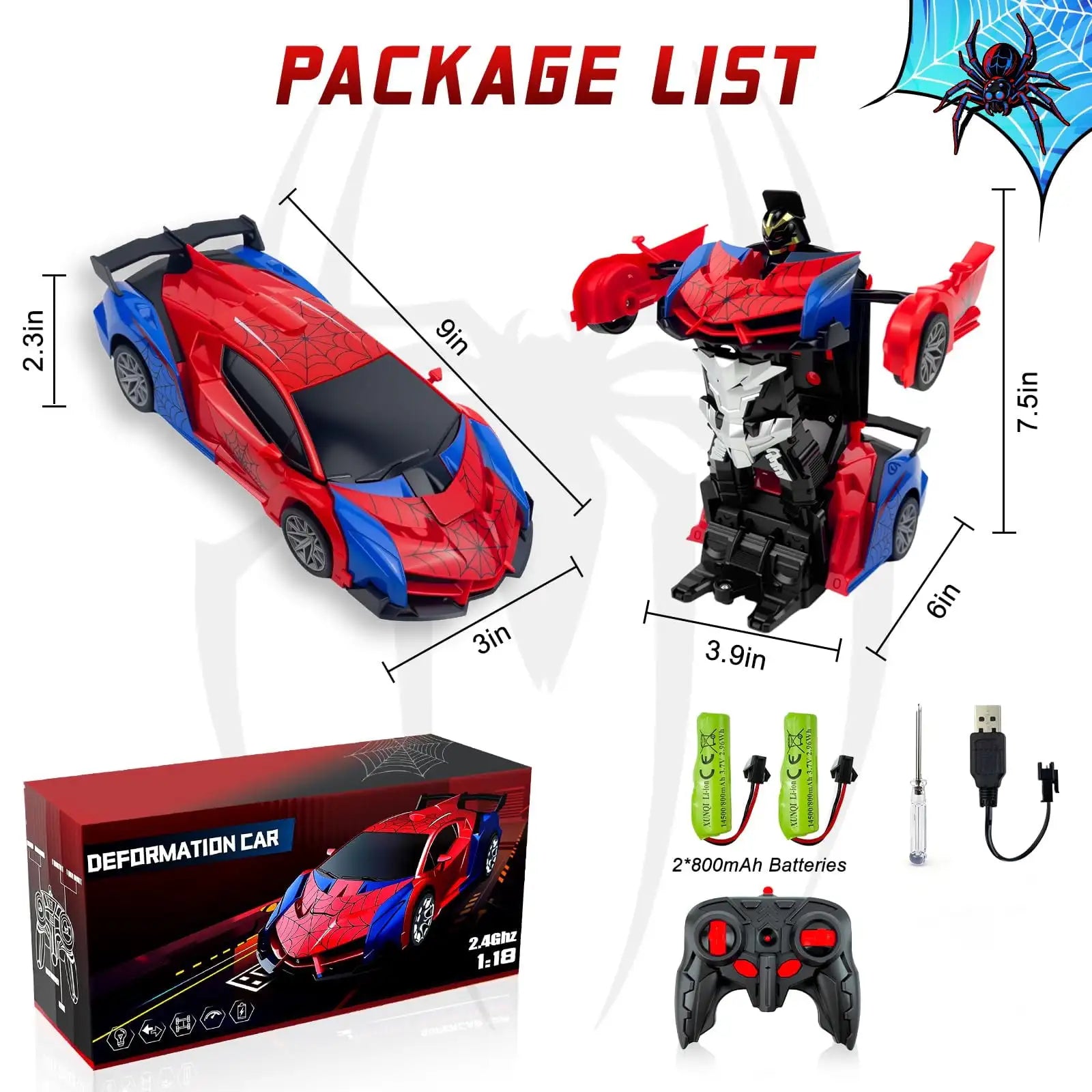1:18 RC Transforming Spider Car Robot Toy, 2.4GHz Remote Control Stunt Vehicle with 360° Rotation for Boys Kids Ages 3-12 Gifts