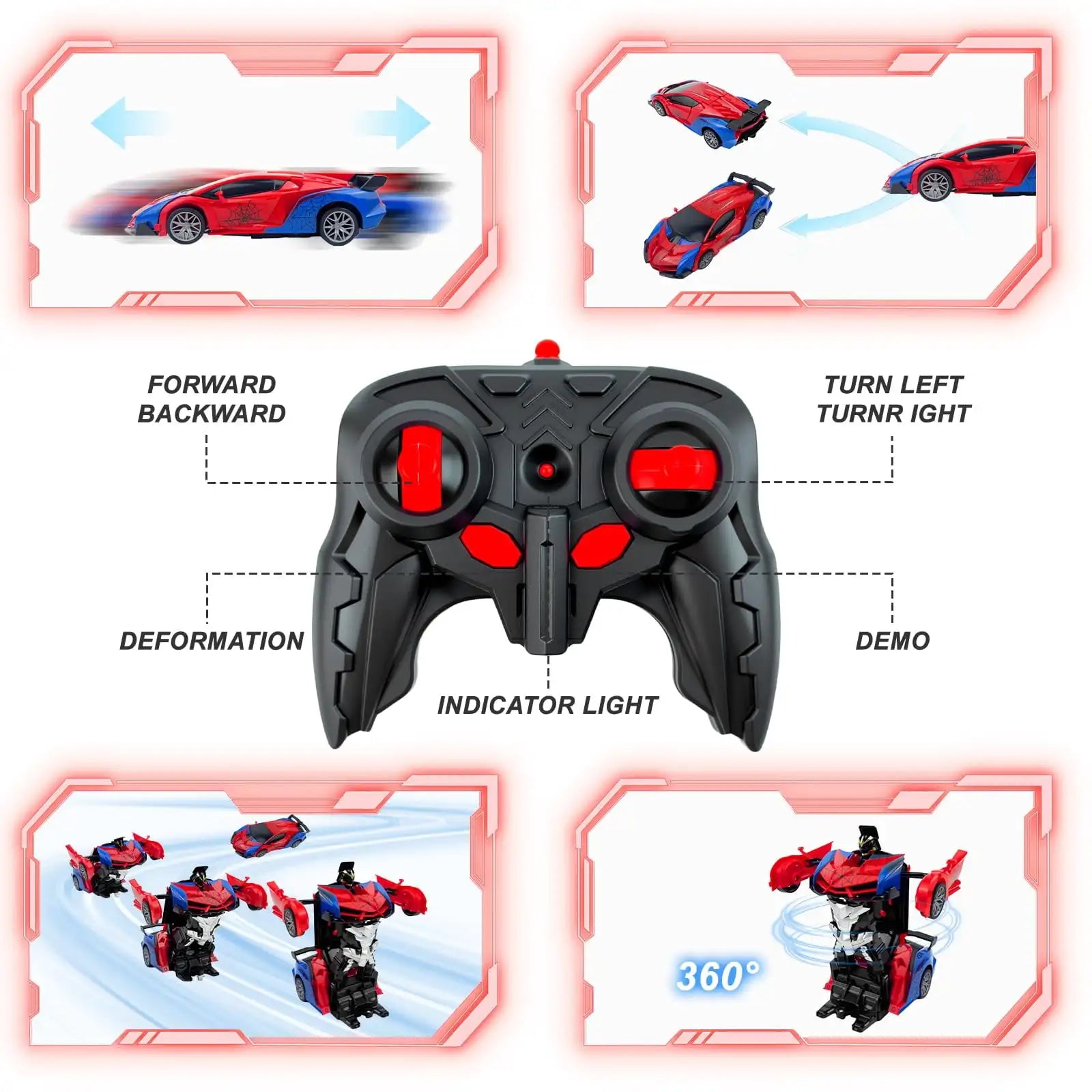 1:18 RC Transforming Spider Car Robot Toy, 2.4GHz Remote Control Stunt Vehicle with 360° Rotation for Boys Kids Ages 3-12 Gifts