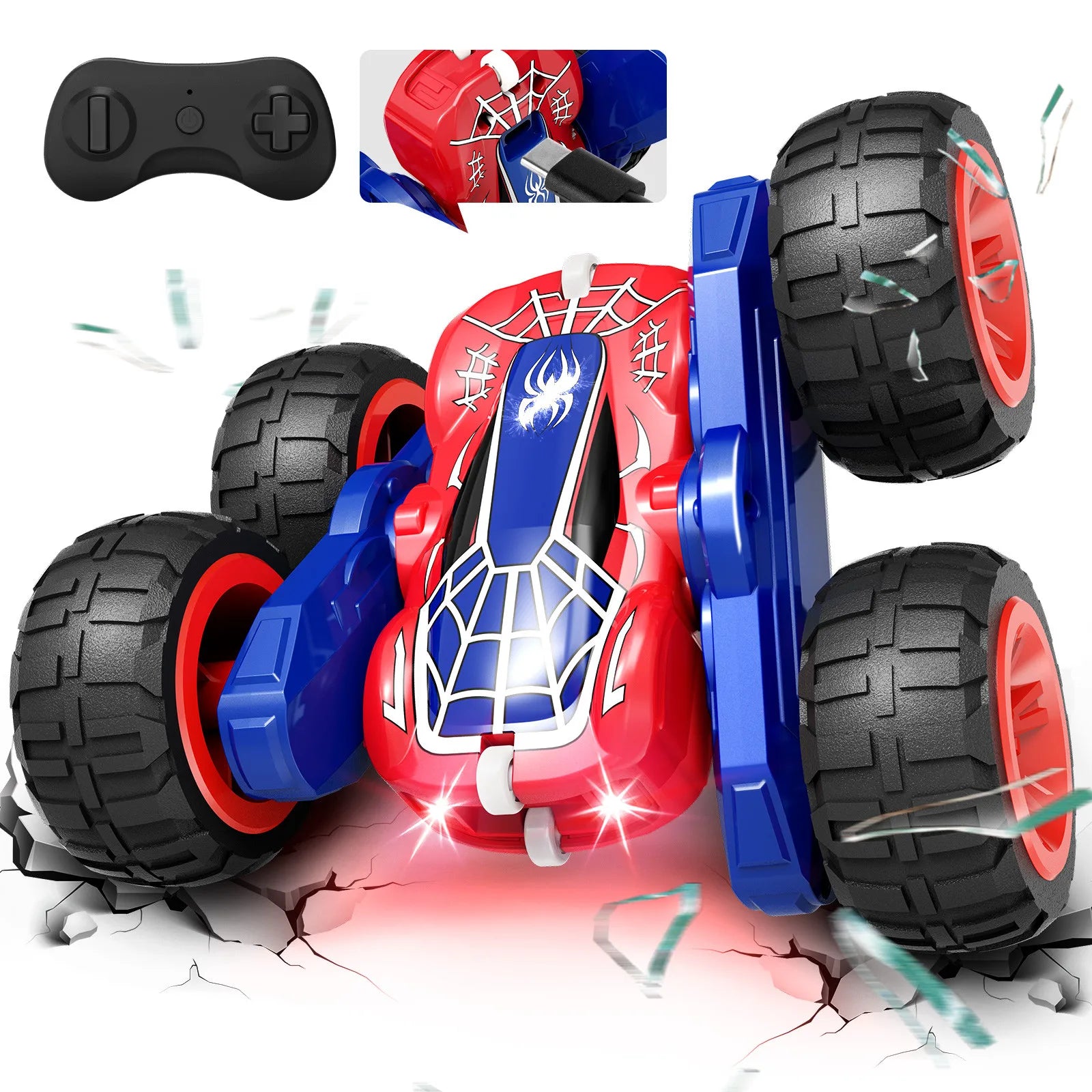 Remote Control Car with Lights, Type-C Fast Charging, 2.4GHz Double Sided Flips RC Cars, 360° Rotates RC Stunt Car Toys for Kids