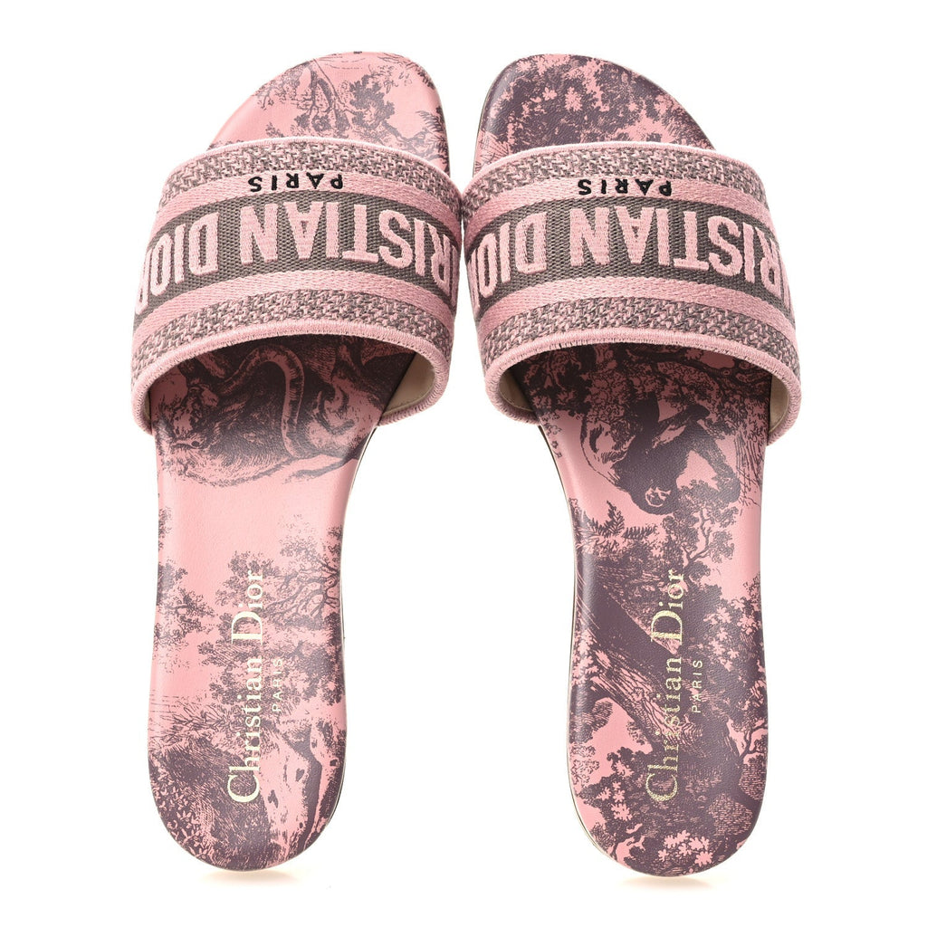 Canvas Toile De Jouy Embroidered Dway Flat Slide Sandals 36 Chateau Rose