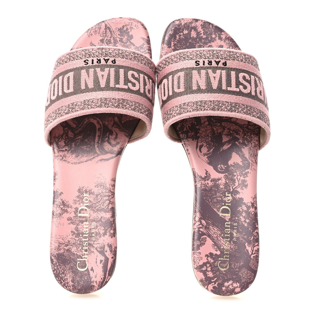 Canvas Toile De Jouy Embroidered Dway Flat Slide Sandals 36 Chateau Rose