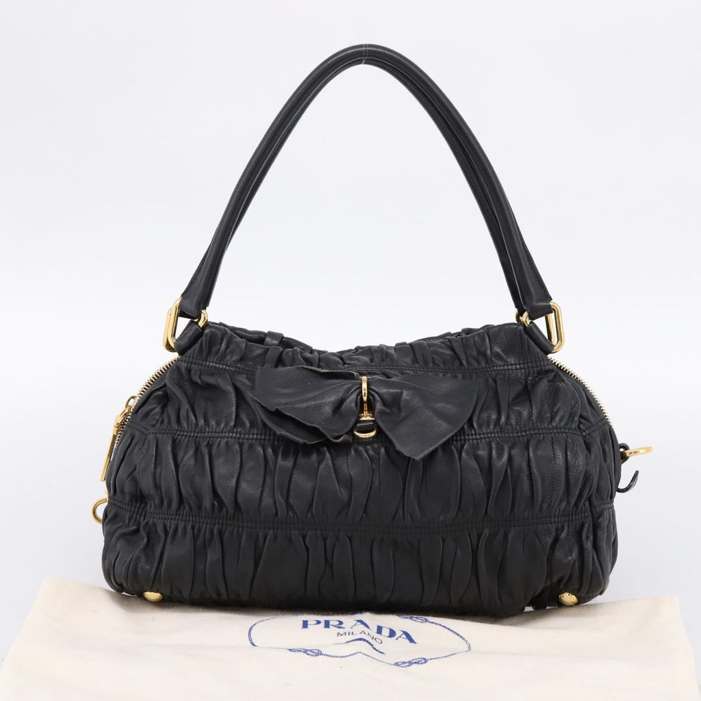 PRADA Hand Bag Leather Black Gold Auth am12603SAM