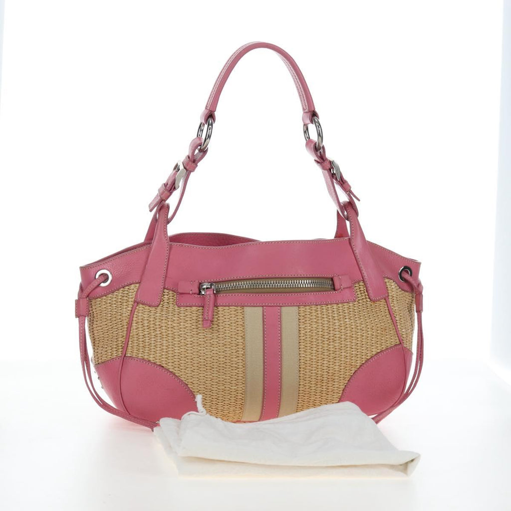 PRADA Shoulder Bag Raffia Beige Pink Silver Auth am12710V