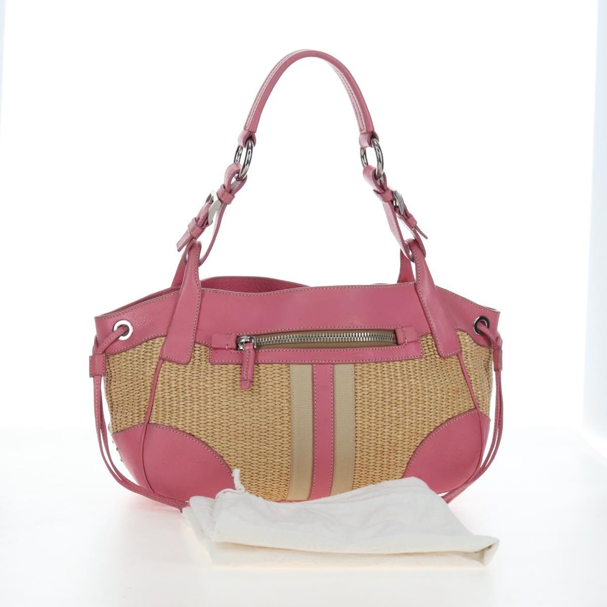 PRADA Shoulder Bag Raffia Beige Pink Silver Auth am12710V