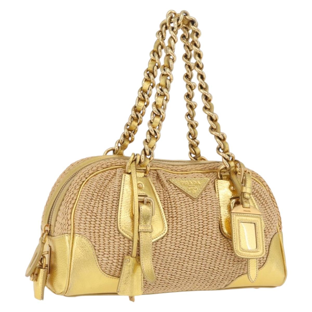 PRADA Chain Hand Bag Raffia Beige Gold Tone BL0352 Auth am12833M