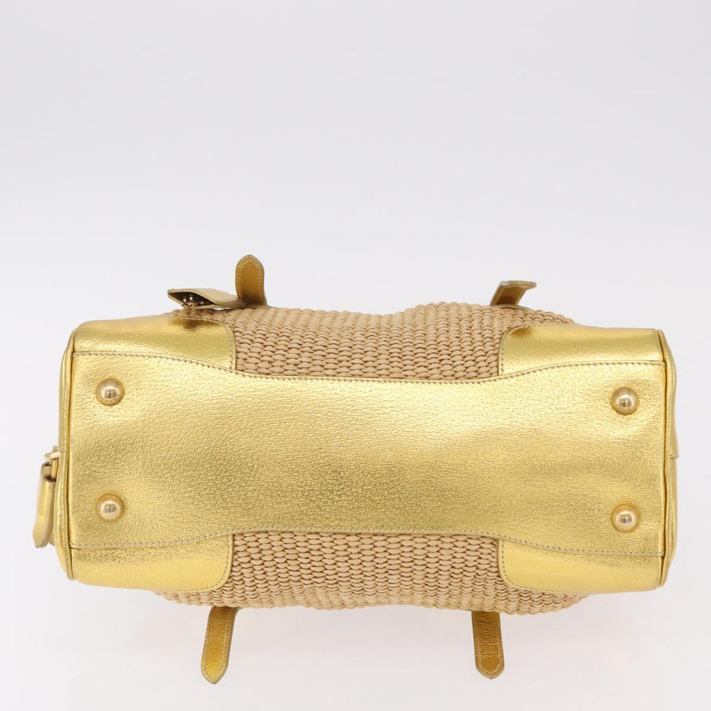 PRADA Chain Hand Bag Raffia Beige Gold Tone BL0352 Auth am12833M