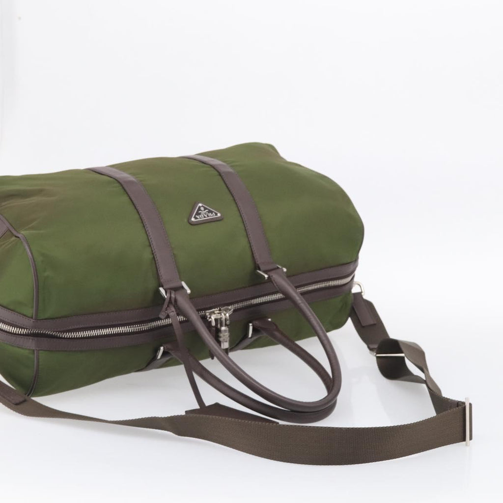 PRADA Boston Bag Nylon Khaki Silver Auth am12844A
