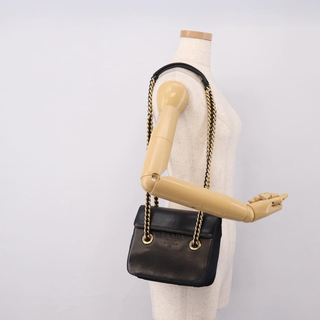 PRADA Chain Shoulder Bag Leather Black Gold Tone B4099 Auth am12853V