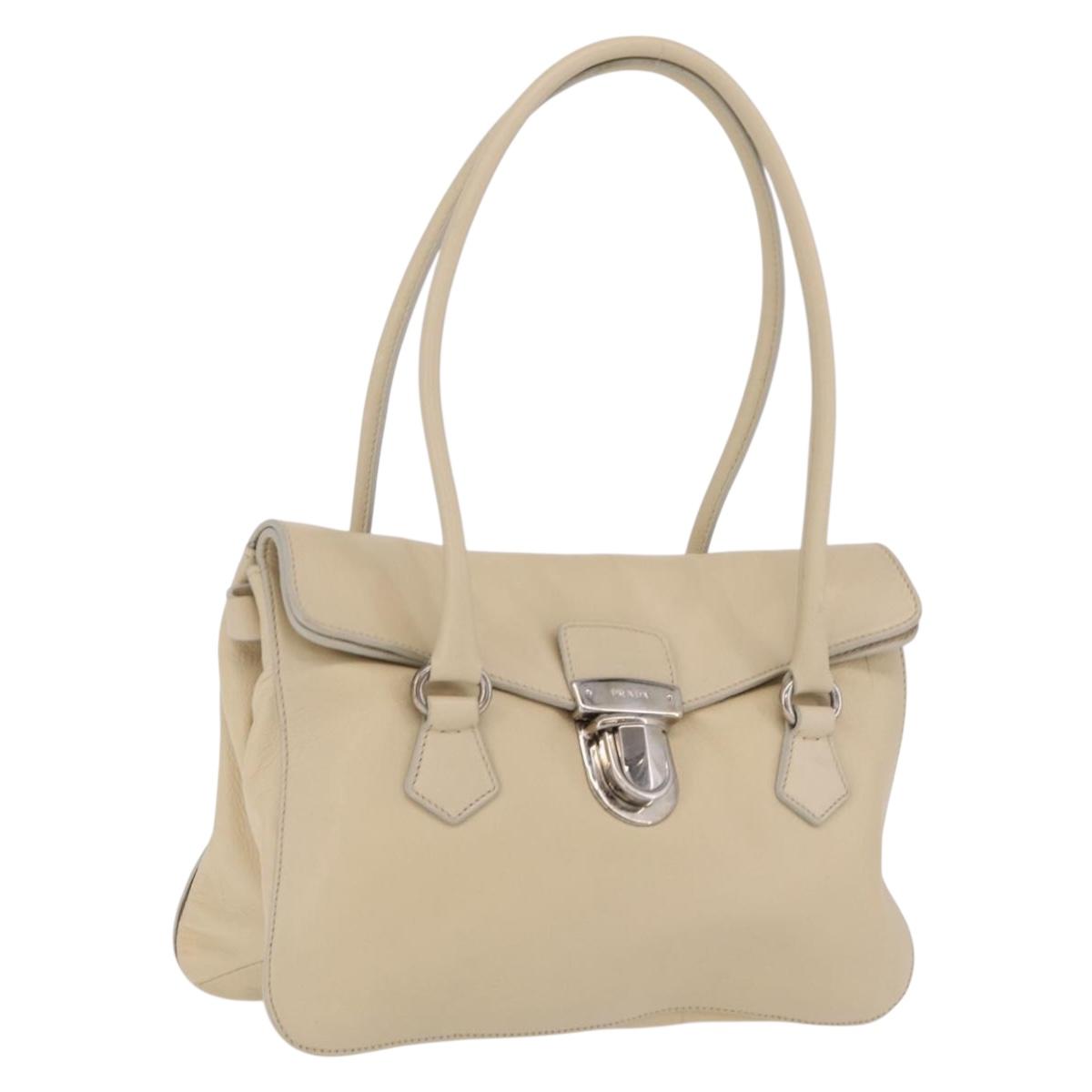 PRADA Tote Bag Leather Ivory Silver Auth ar14347